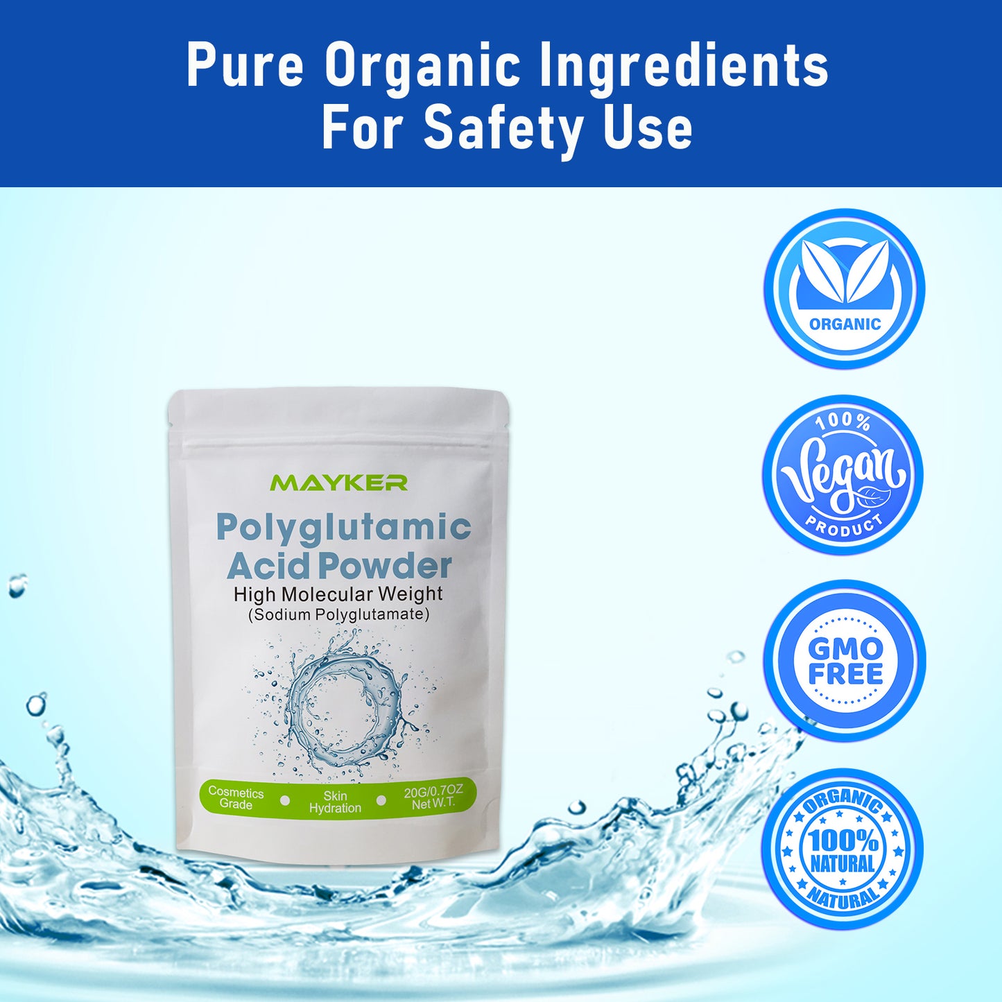 MAYKER Pure Polyglutamic Acid Powder 0.70 OZ, High Molecular Weight | Cosmetic Humectant for DIY Hydrating Serums | Water Soluble, Smooth, Moisture Locking Ingredient